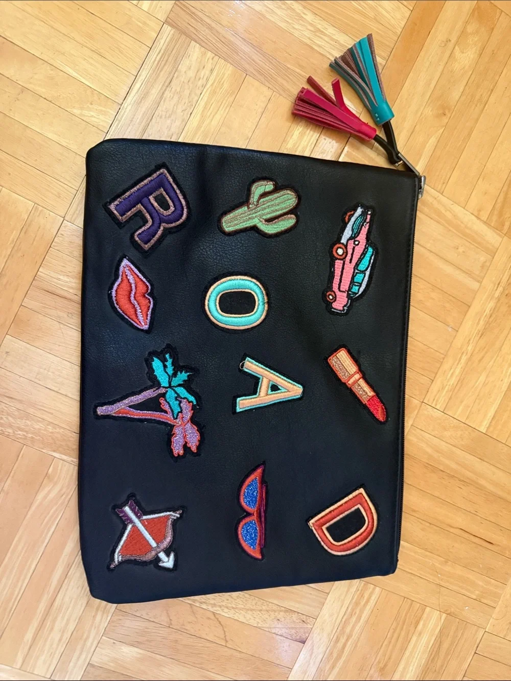 Zara Black Pouch with Colorful Patch Motifs